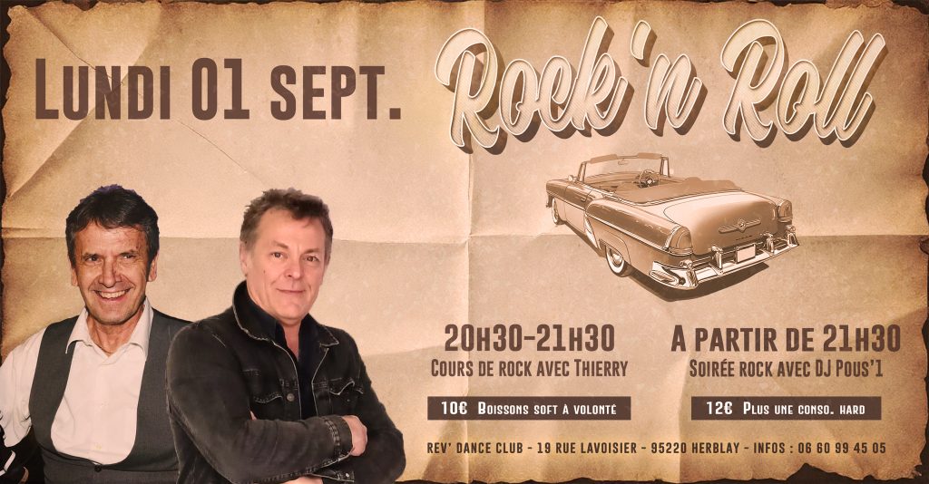 Lundi 01 sept. 2025 - Soirée Rock - cours + soirée rock avec DJ Pous'1 & Thierry