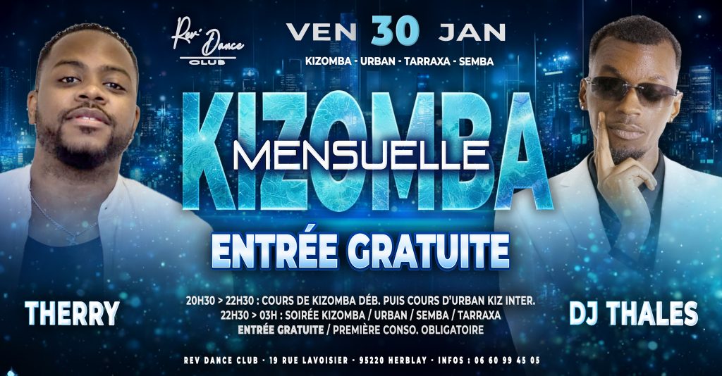 30/01/2026 - ENTREE GRATUITE - Mensuelle Kizomba - THERRY & DJ THALES